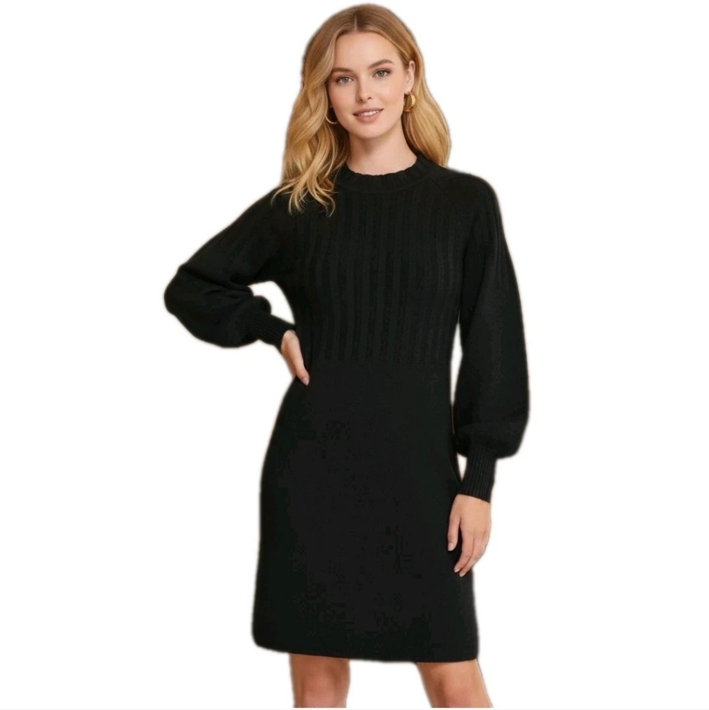 Calvin Klein Womens Petited Sweaterdress Black Ribbed A-Line Size Ps